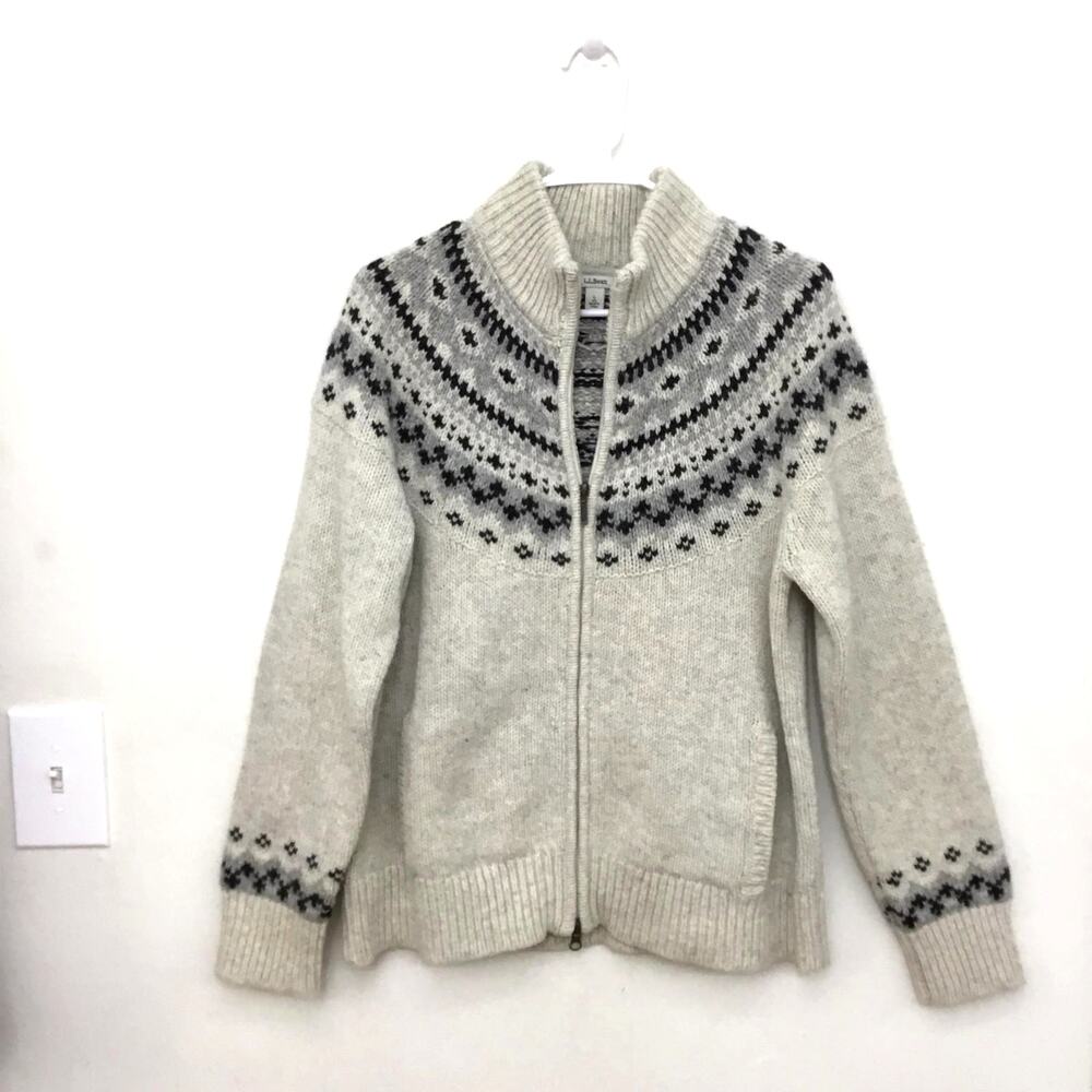 L.L. Bean Cream and Black Fair Isle Zip Cardigan